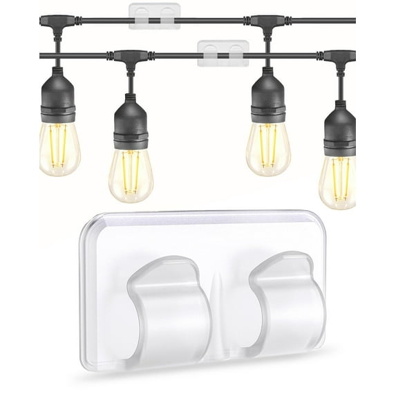 10Pcs Outdoor String Lights Clips, Weatherproof and Anti-Shake Two-Clips Adhesive Hooks for Hanging Lighting, Clear
