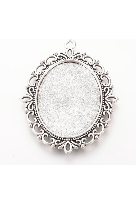 10Pcs Oval Tibetan Style Alloy Pendant Cabochon Settings Double-sided Tray Base Cabochon Settings Trays Pendant Silver Photo Charms Cabochons for Jewelry Making 61x47x3mm