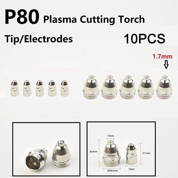 10Pcs P-80 Plasma Cutter Consumable Torch Kit 1.1Mm-1.7Mm Nozzle Tip Electrode