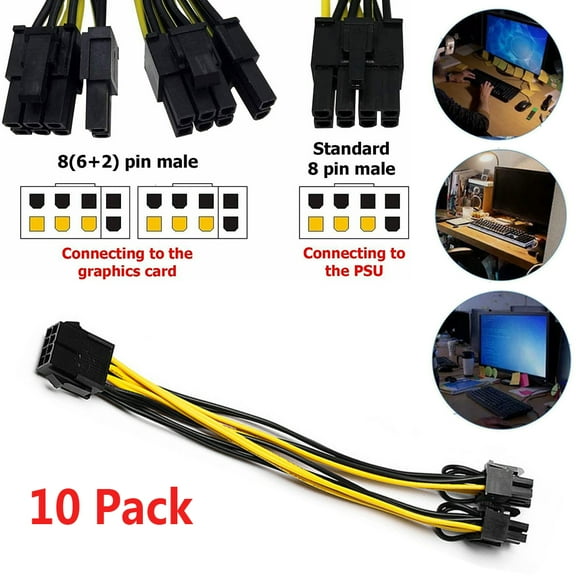 10Pcs PCI-E 6-pin to Dual 8-pin (6+2 pin) GPU Video Card Power Adapter Cable Connector