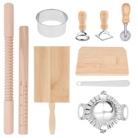 10Pcs Pasta Making Tools Kit Wooden Threaded Rolling Pin Rolling Pin With Scales Gnocchi Board Dough Scraper Dumpling Maker Pasta Making Tool Set for Pasta Maker