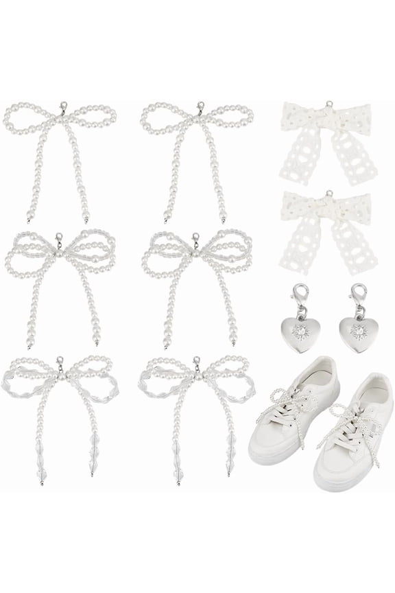 10Pcs Pearl Bowknot Shoelace Charms 5 Styles Shoes Decoration Charms Rhinestone Shoe Clips with Clasp Heart Pearl Beaded Chain Clip for Wedding Women Sneakers Gift Dress Silver