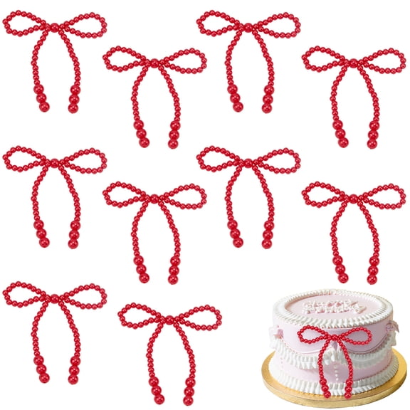 10Pcs Pearl Cupcake Toppers Red Plastic Pearls Beaded Coquette Bowknot Bows Tie Birthday Cake Decorations Topper