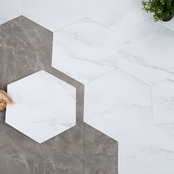 10Pcs Peel and Stick Floor Tile, Vinyl Flooring Waterproof Floor Tile DIY for Bathroom, White Marble Look