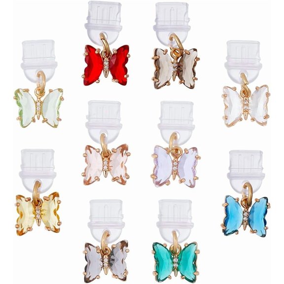 10Pcs Phone Charm Dust Plug Butterfly Charging Port Charm Type-C Port Dust Plug Cell Phone Charm Plug Cover for Earphone PVC Dust Plug with Glass Charm for Cellphone Charging Port for DIY