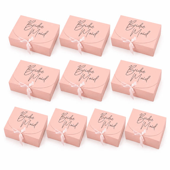 10Pcs Pink Bridesmaid Gift Boxes with Lids - Corrugated Cardboard Proposal Boxes with Silk Ribbon, Wedding Favor Packaging for Bridal Showers, Bridesmaids and Party Gifts