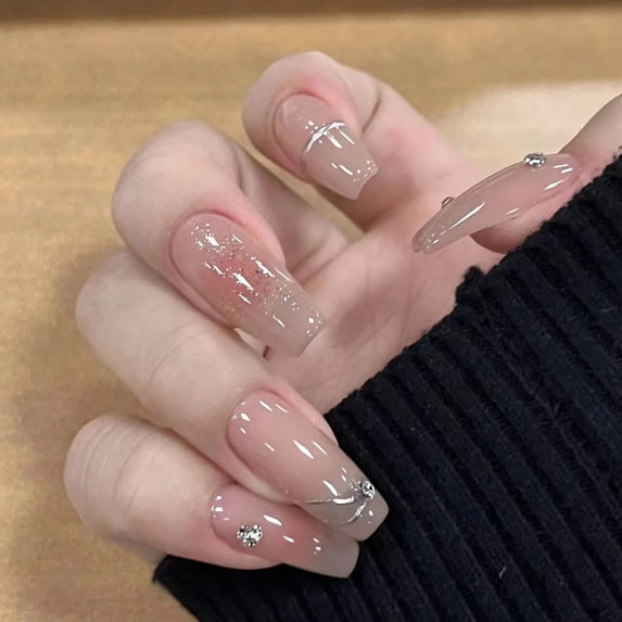 10Pcs Pink French Y2k Nail Tips Long Ballet Handmade Fake Nail Wearable False Nails with Rhinestone Press on Nails Manicure