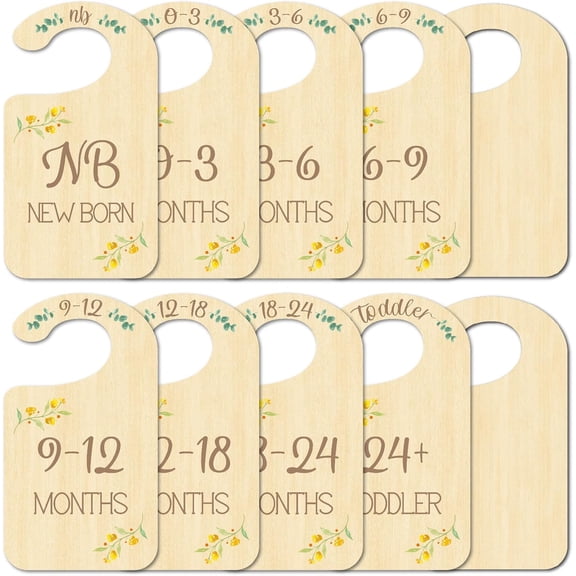 10Pcs Plant Closet Dividers Nursery Single Side Wood Reusable Wooden Hanging Organizer Sign Cloth Size Dividers Newborn Stuff 24 Months Toddler for Decor Shower Clothing Racks Organization Beige