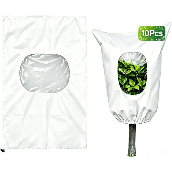 10Pcs Plant Frost Protection Cover with Viewing Window, Reusable Drawstring Tree Blanket, Winter Tree Cover with Zipper for Outdoor Plants, Garden, Yard, Frost Protection Cloth(RL)