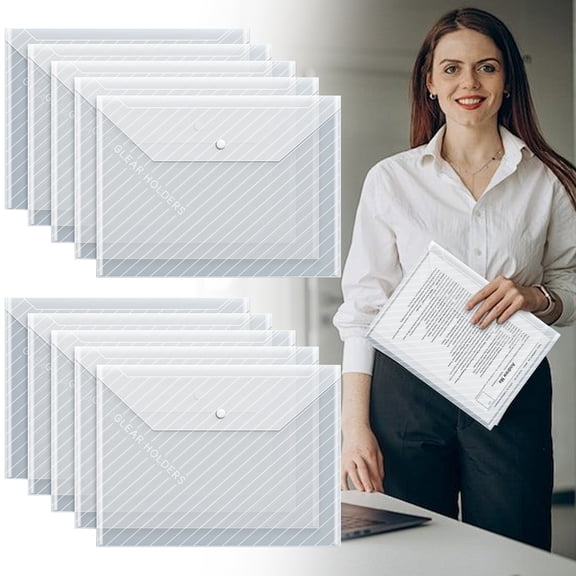 10Pcs Plastic File Folder, Thick Transparent Plastic File Bag, Button Closure Large Capacity Document Holder for School Test Paper Storage and Home Organization (12.6X9.06 Inch), Clear