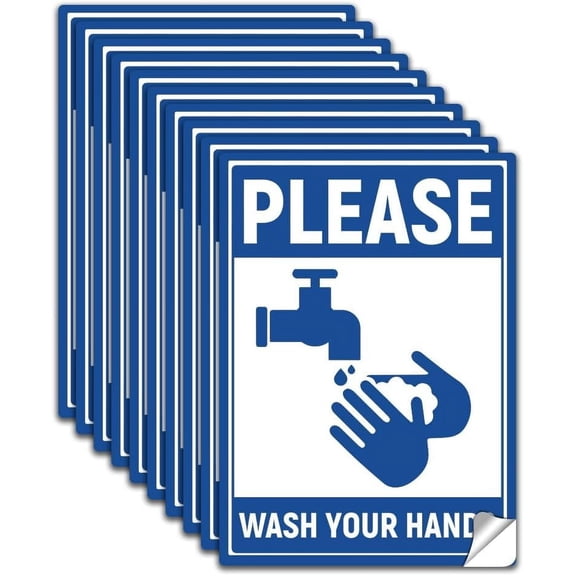 10Pcs Please Wash your Hands Sign Sticker PVC Waterproof Now Wash Your Hands Warning Stickers Decal for Mall Business Self Adhesive Health Sign for Indoor Outdoor 5.1x7.1 Inch Making DIY