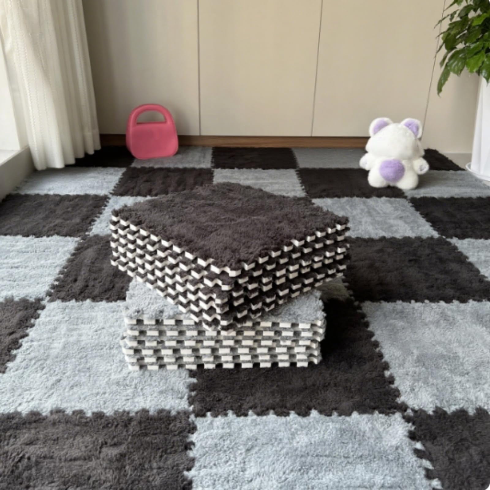 10Pcs Plush Foam Floor Mat,Plush Interlocking Carpet Tiles,Anti-Slip Square Puzzle Floor Mat,EVA Foam Area Rugs for Bedroom Playroom