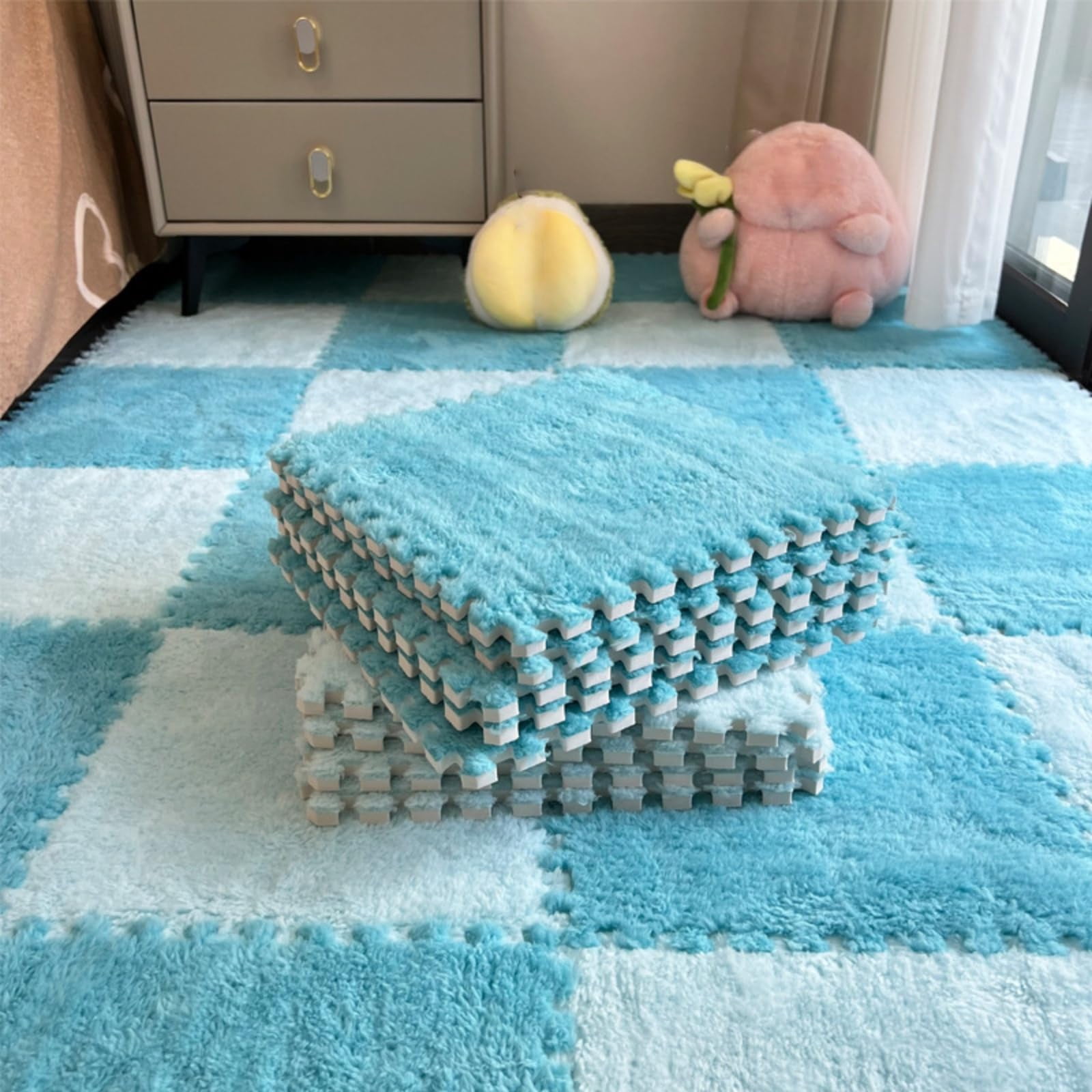 10Pcs Plush Foam Floor Mat,Plush Interlocking Carpet Tiles,Anti-Slip Square Puzzle Floor Mat,EVA Foam Area Rugs for Bedroom Playroom