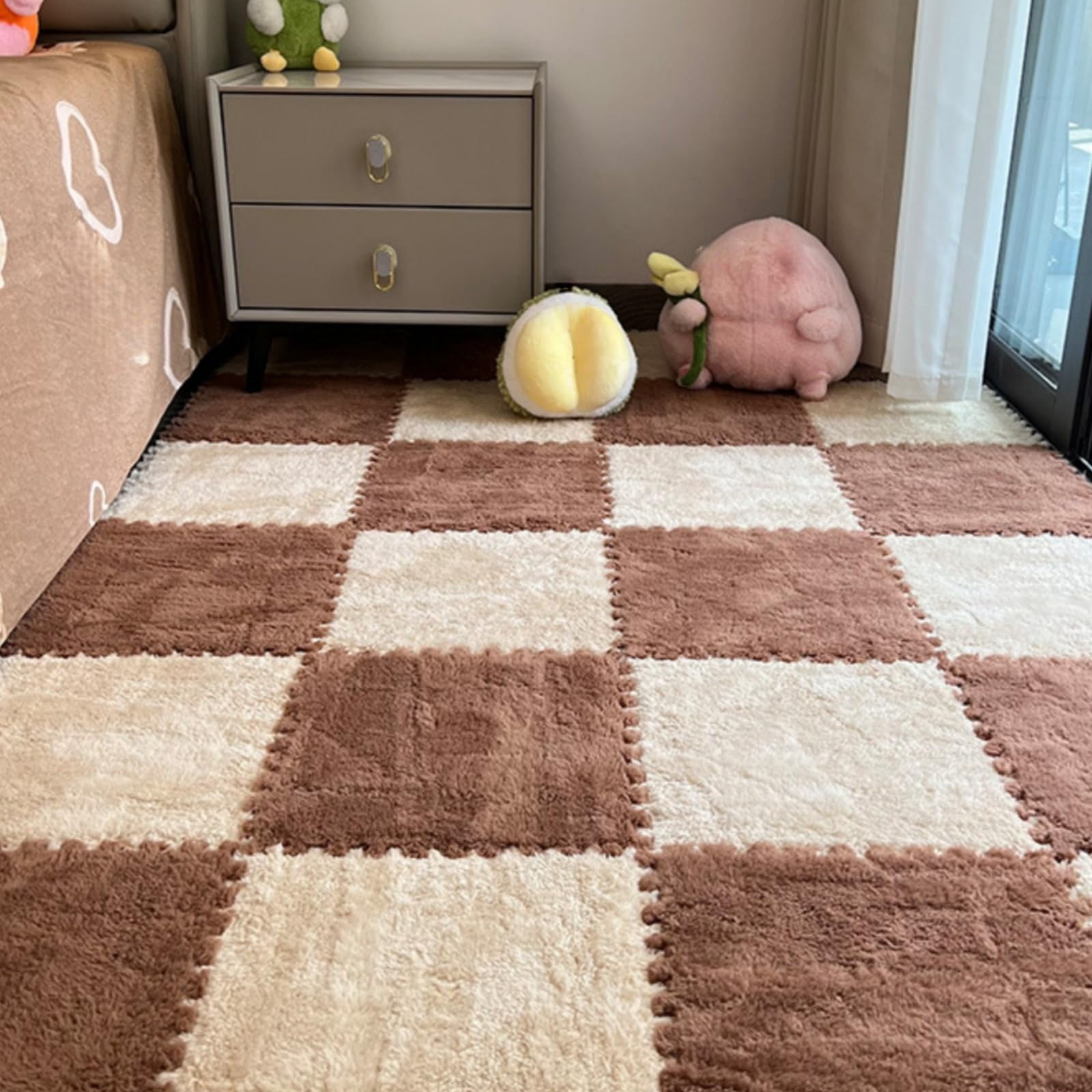 10Pcs Plush Foam Floor Mat,Plush Interlocking Carpet Tiles,Anti-Slip Square Puzzle Floor Mat,EVA Foam Area Rugs for Bedroom Playroom