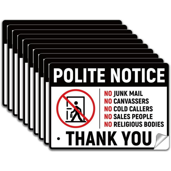 10Pcs Polite Notice No Junk Mail Sign Sticker PVC Waterproof No Cold Callers Warning Sign Stickers Decal Sign Labels for Outdoor 5.1x7.1 Inch