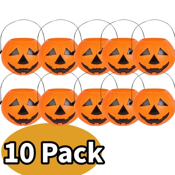 10Pcs Portable Pumpkin Bucket Trick or Treat Candy Holder, Portable Jack-O Plastic Pails for Kids, Plastic Jack O' Lantern Pumpkin Pails for Party Supplies