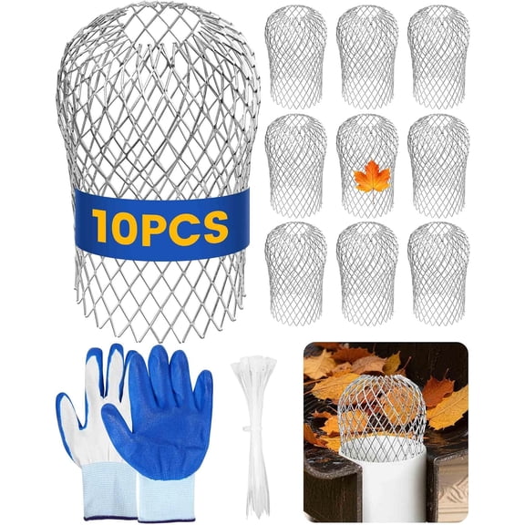 10Pcs Premium Gutter Downspout Guard, Downspout Filter Strainers 3.5IN Expandable Aluminum Mesh, Adjustable Gutter Leaf Block for 2-4IN Downspouts, Debris Removal, Easy Install for Roof Yard Drainage
