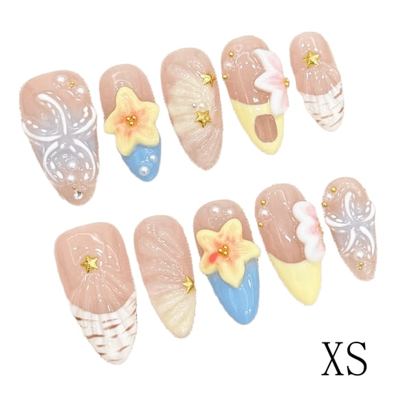 10Pcs Press On Nails Stiletto Shape Hnadmade Fake Nails, French Shell Acrylic Nails, Reusable Artificial Gold Plated Decoration Stiletto False Nails for Women