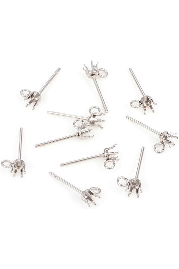 10Pcs Prong Earring Setting Stainless Steel Earring Posts Prong Earring Blanks Beads Rhinestone Claw Earring Component for Jewelry Making DIY Stud Earrings Crafts 4x6.5mm Silver 10pc