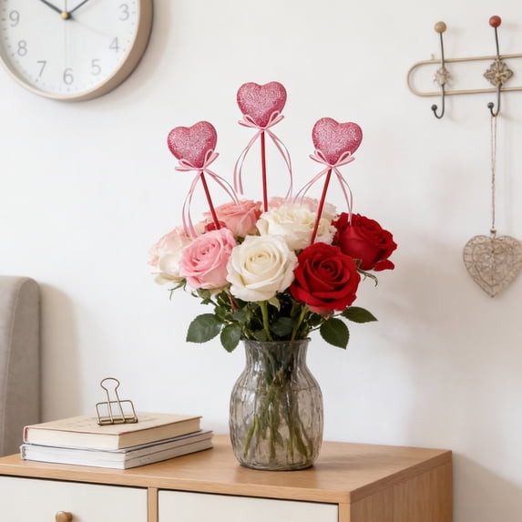 10Pcs Puffy Sparkly Heart on Sticks,Valentine's Day Glitter Heart Foam Picks,Valentines Day Floral Picks,Table Centerpiece Decoration Vase Wedding Crafts Stems Arrangement