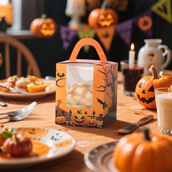 10Pcs Pumpkin Theme Halloween Cupcake Containers Individual Dessert Carriers with Transparent Window, 4 Inch