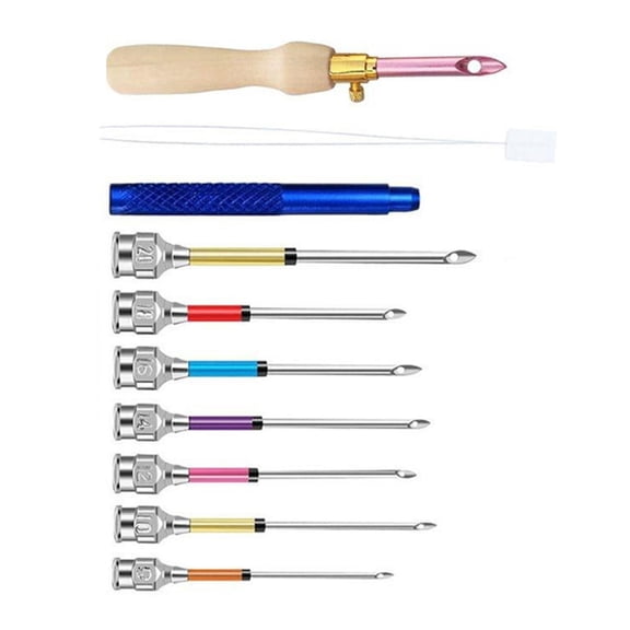 10Pcs Punching Needle Tool Adjustable Handle Embroidery Pen with 7 Replaceable Tip and Threading Tool for Beginner