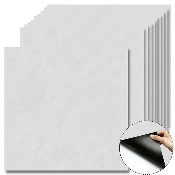 10Pcs Pure White Faint Flow Marble Peel and Stick Floor Tiles,12x12 In 10 Sq.Ft,Self-Adhesive Waterproof Vinyl Flooring,Matte Finish for Bedroom,Living Room,Kitchen