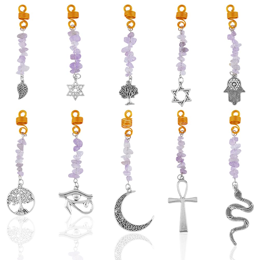 10Pcs Purple Hair Braid Charms Kit Amethyst Braid Hair Rings Women Men