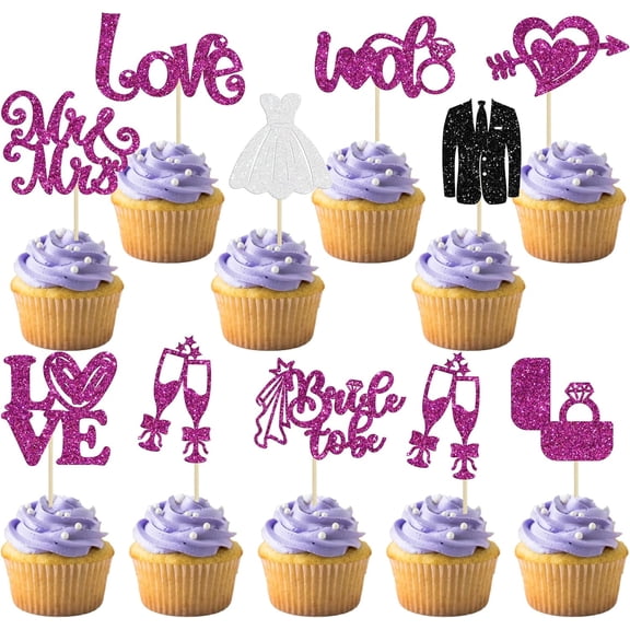 10Pcs Purple & Pink Glitter Wedding Cupcake Toppers, "Love, Mr & Mrs, Bride to Be" Picks for Bridal Shower & Wedding Party Cake Decorations