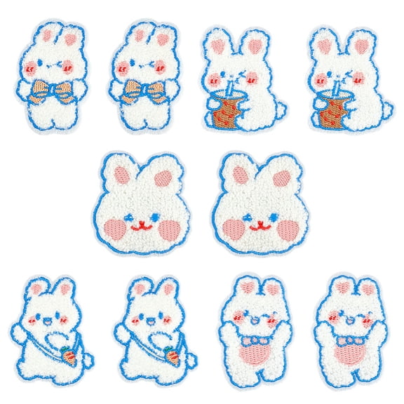 10Pcs Rabbit Iron/Sew On Patches 5 Styles Bunnies Embroidery Appliques Chenille Decals Stickers