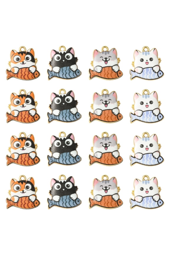 10Pcs Rack Plating Alloy Enamel Pendants Golden Cat Charm Mixed Color 18x18x3mm Hole: 2mm