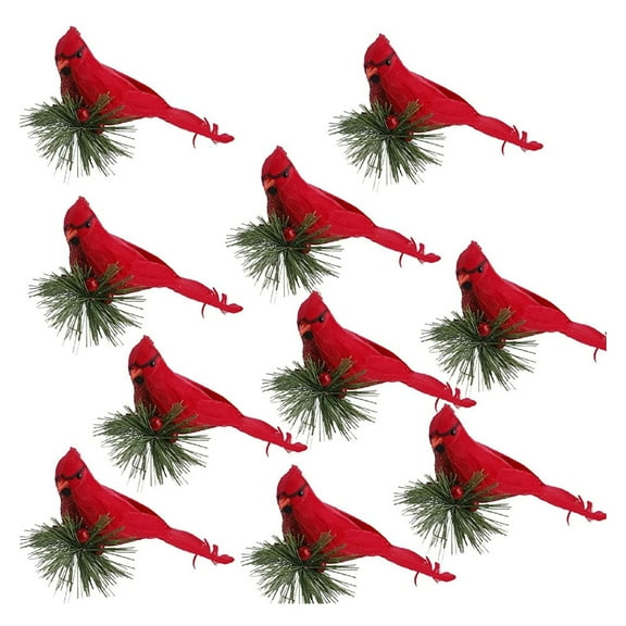 10Pcs Red Birds Cardinal Clip on Christmas Tree Decoration Red Cardinals Ornaments Artificial Birds with Pine Branches for Christmas Decorations, Winter Theme, Wreaths