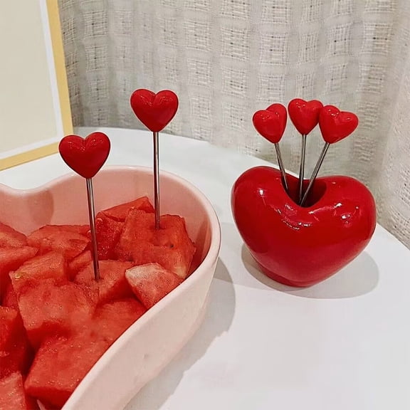 10Pcs Red Heart-Shaped Ceramic Fruit Fork Set with Metal Prongs, Stainless Steel Food Pick Forks Small Salad Forks Appetizer Dessert Forks for Cakes Valentine's Day Party Daily Use