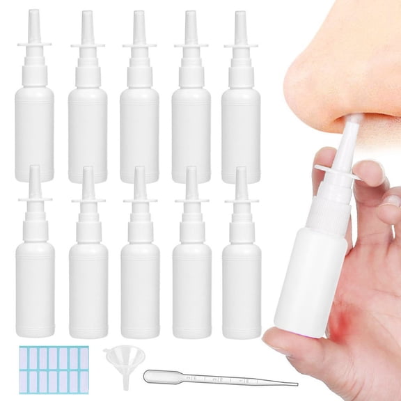 10Pcs Refillable Nasal Spray Bottles with Pipette, Funnel and Labels - 50ml White Plastic Versatile Mist Sprayers Atomizers Makeup Water Containers for Travel Outdoor