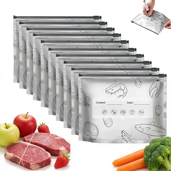 10Pcs Reusable Aluminum Foil Sealable Storage Bags, 7.87 x 5.12in Freezer Bags, Reusable, Vacuum Zipper Pouches with Label and Zip Lock for Vegetable, Fruit, Meat, and More