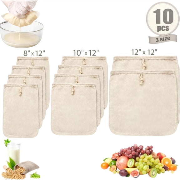 10Pcs Reusable Cheese Cloth Bags for Straining, Unbleached Cotton Muslin Nut Milk Bags, Drawstring Mesh Filter Strainer with Reinforced Edges for Almond Milk, Juice, Yogurt, Cheese, Baking