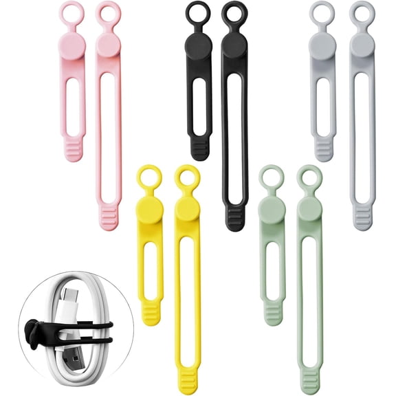 10Pcs Reusable Silicone Cable Ties  Adjustable Cord Organizer with Locking Buckle, Elastic Cable Straps for Earphones, Chargers, PC Wires  Colorful Wire Wraps for Home, Office, Travel