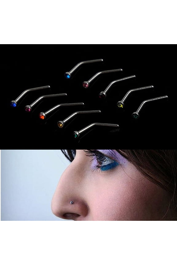 10Pcs Rhinestone Stainless Steel Screw Nose Hoop Ring Stud Body Piercing Jewelry
