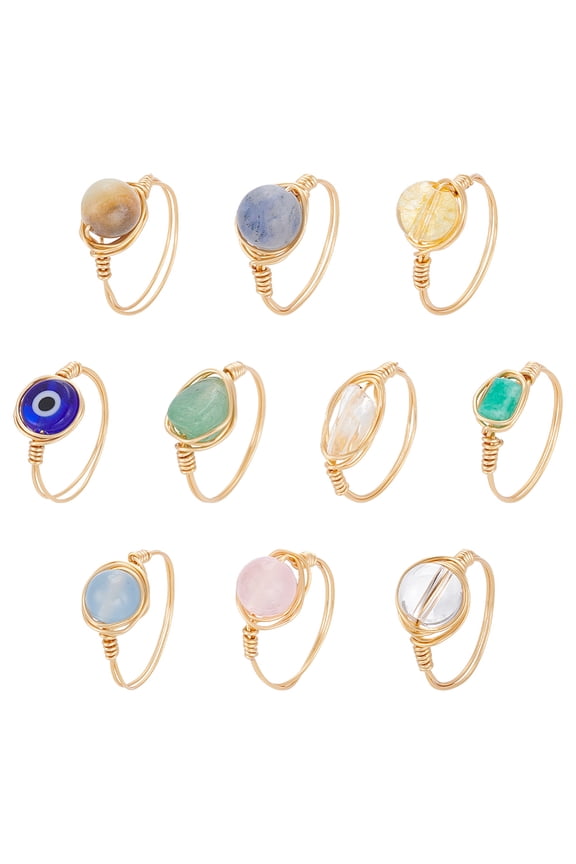 10Pcs Rings 10 Styles Adjustable Gemstone Rings Copper Wire Wrapped Ring Irregular Colorful Gem Ring for Women DIY