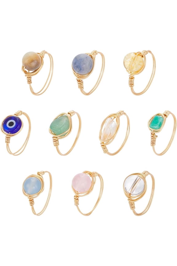 10Pcs Rings 10 Styles Adjustable Gemstone Rings Copper Wire Wrapped Ring Irregular Colorful Gem Ring for Women Gold