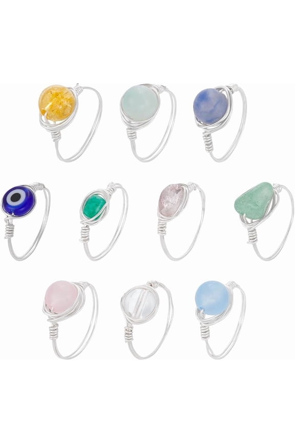 10Pcs Rings 10 Styles Adjustable Gemstone Rings Copper Wire Wrapped Ring Irregular Colorful Gem Ring