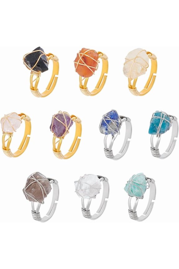 10Pcs Rings Adjustable Gemstone Rings Copper Wire Wrapped Ring Irregular Adjustable Ring for Women Jewelry (Platinum and Gold) Platinum & Light Gold