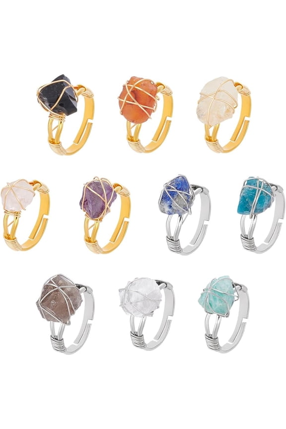 10Pcs Rings Adjustable Gemstone Rings Copper Wire Wrapped Ring Irregular Adjustable Ring for Women Jewelry (Platinum and Gold) Platinum & Light Gold