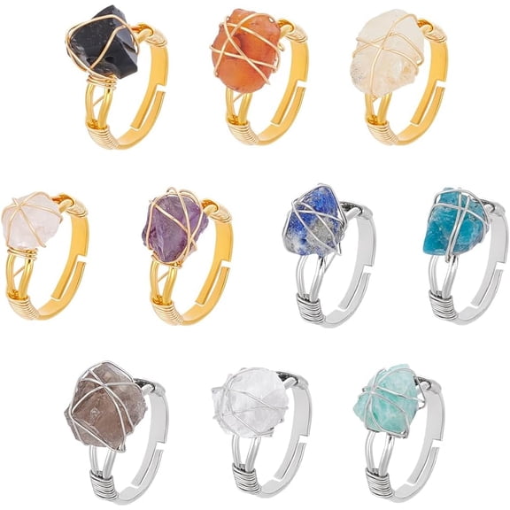 10Pcs Rings Adjustable Gemstone Rings Copper Wire Wrapped Ring Irregular Adjustable Ring
