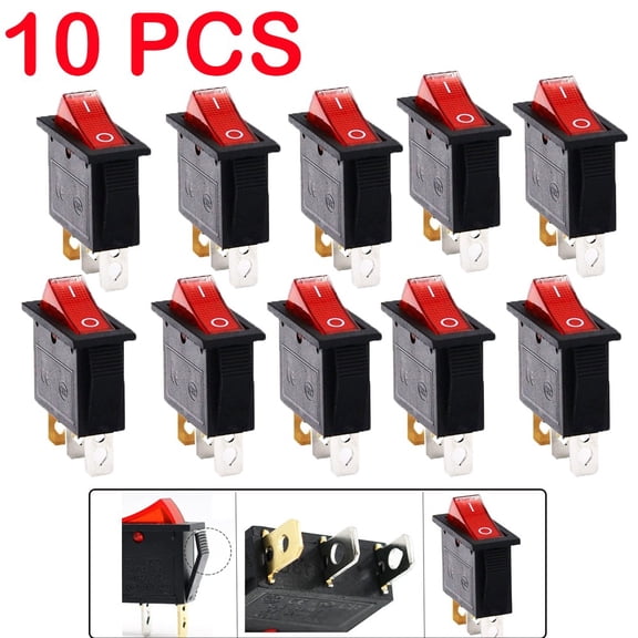 10Pcs Rocker Switch 3 Pins 2 Position ON/Off AC 20A/125V 15A/250V SPST Red LED