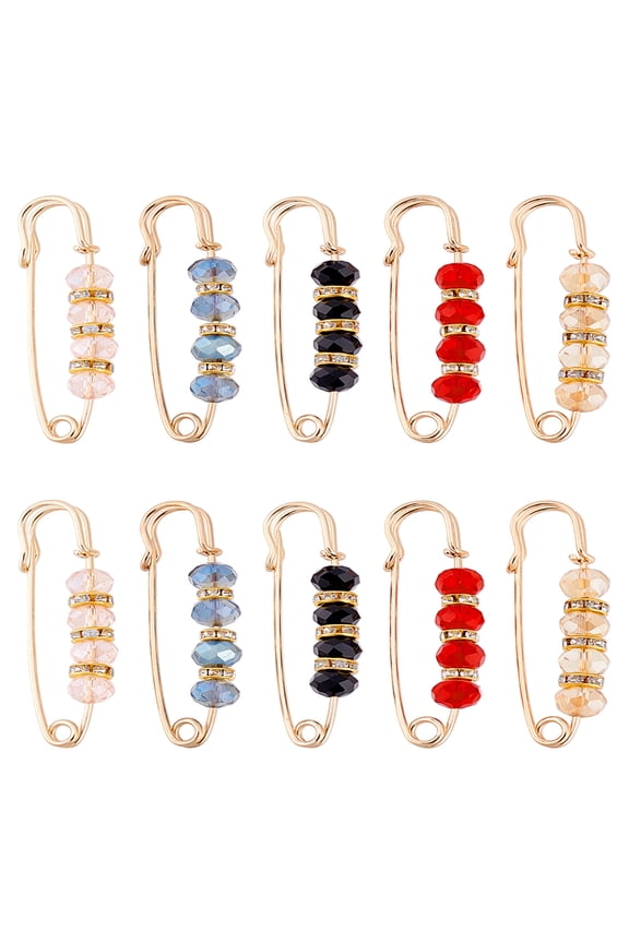 10Pcs Rodelle Glass Beaded Kilt Pins KC Gold Alloy Sweater Shawl Clips for Waist Pants Extender Clothes Dresses Decorations Mixed Color 55x15x8mm