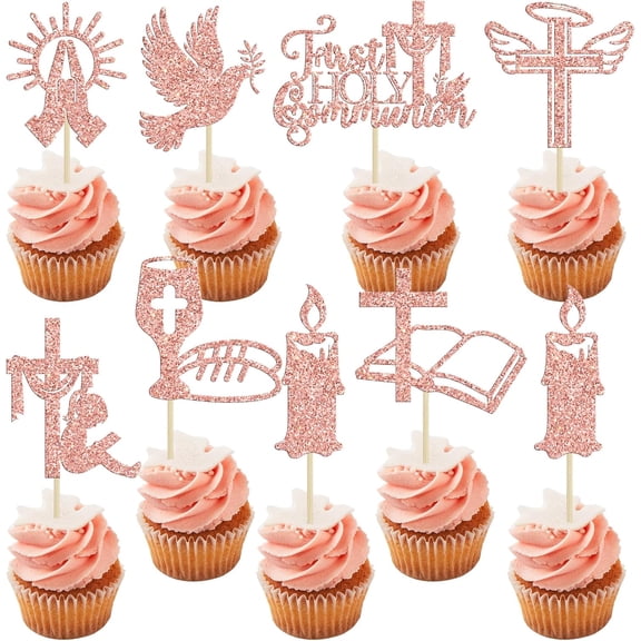 10Pcs Rose Gold Glitter First Holy Communion Cupcake Toppers, Religious Symbols Picks for Baptism Party Cake Decorations