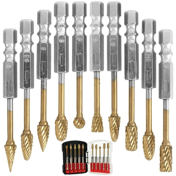 10Pcs Rotary Burr Set Tungsten Steel 1/4 Inch Hex Shank Carving Burr Set Double Slot Wood Engraving Burr Bit Set Quick Change Die Grinder Grinding Drill Bit for Rotary Tool