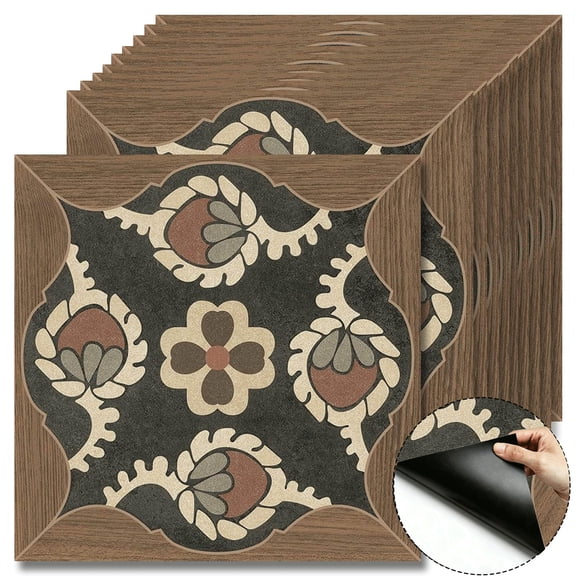 10Pcs Rustic Boho Peel and Stick Floor Tiles, 12x12 Inch Covers 10 Sq. Ft. Self-Adhesive DIY Vinyl Flooring, Removable Waterproof Tile Sticker for Bathroom, Kitchen, Wall, Bedroom & Home Decor