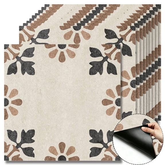 10Pcs Rustic Vintage Flower Peel and Stick Floor Tiles, 12x12 Covers 10 Sq. Ft. Self-Adhesive DIY Vinyl Flooring, Removable Waterproof Floor Decals for Bathroom, Kitchen, Bedroom, Wall & Home Decor